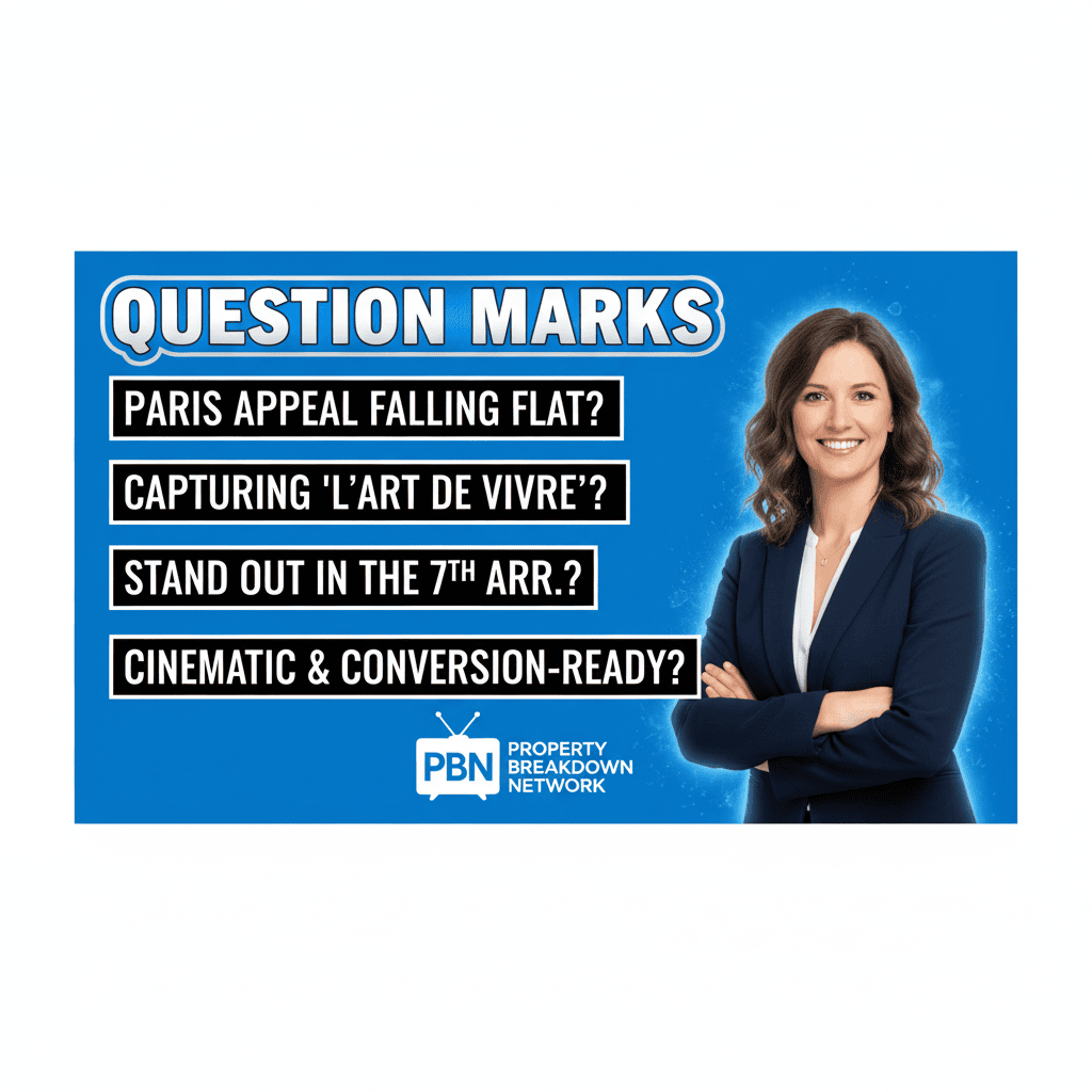 A professional, smiling woman in a dark business suit standing next to a graphic with the bold text "QUESTION MARKS" and a list of questions below it: Agent Branding? Conversion Focus? Data-Rich Videos? Sample Portfolio?